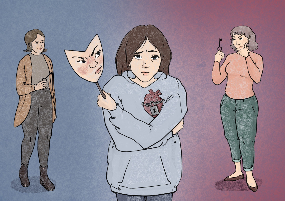 Jana holds up a mask to indicate that how she presents externally is not how she feels inside