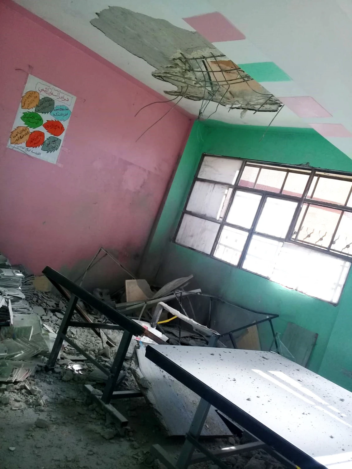 The aftermath of an airstrike at a second school supported by PIN in southern Idlib, also hit last week. At least seven other schools are reported to have been struck in the area.