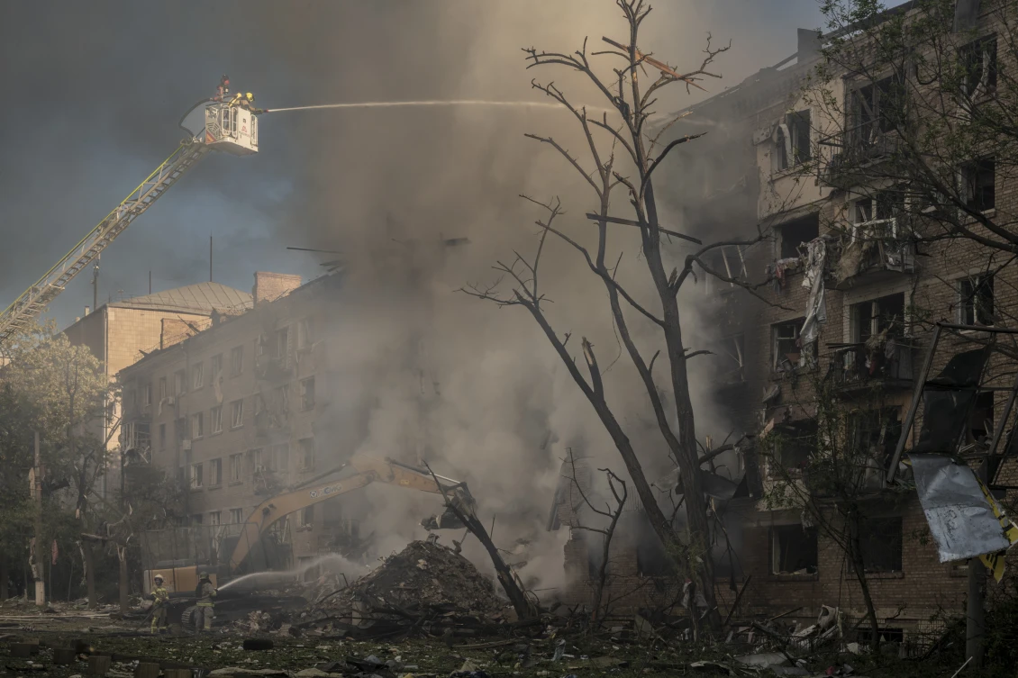 A destroyed building in Kyiv, where at least two people were killed
