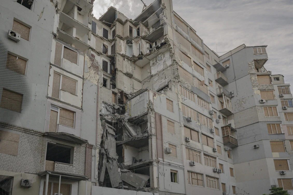 A residential apartment building destroyed by shelling
